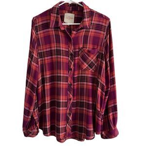 Casa Cabana Button Front Plaid Top Blouse Long Sleeve Rayon Soft! Women’s‎ L